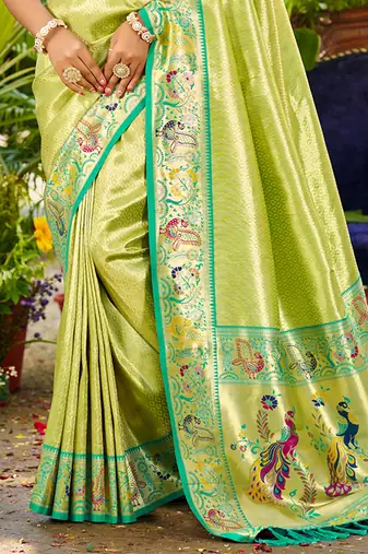 parrot green silk blend woven work traditional saree