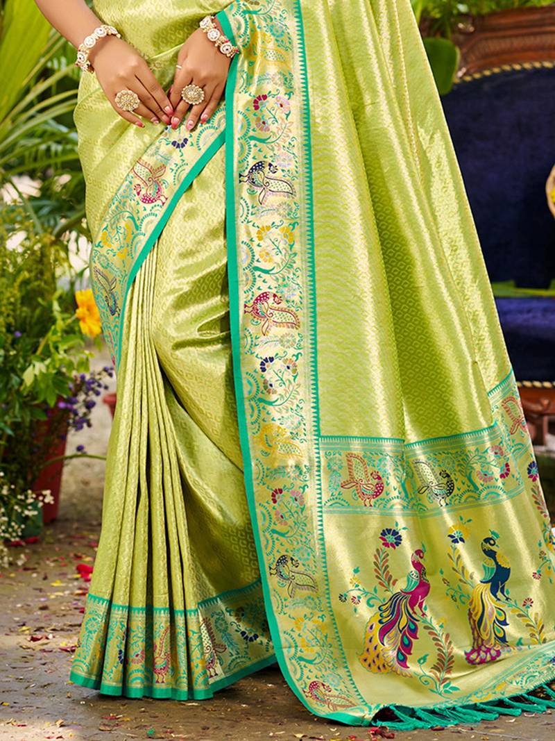 parrot green silk blend woven work traditional saree