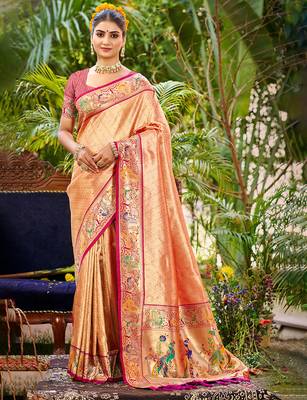 orange silk blend woven work traditional saree 1