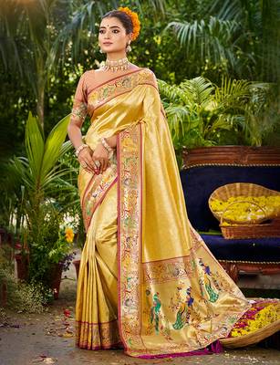 yellow silk blend woven work traditional saree 1