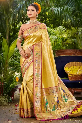 yellow silk blend woven work traditional saree