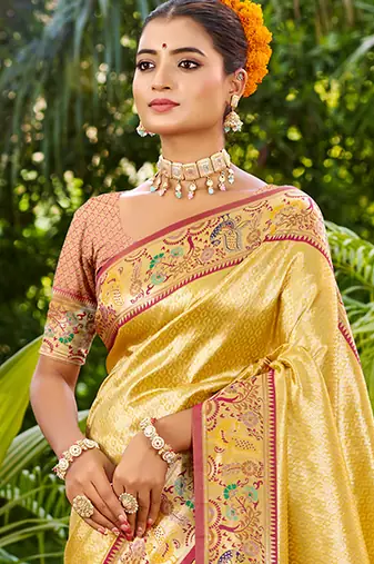 yellow silk blend woven work traditional saree