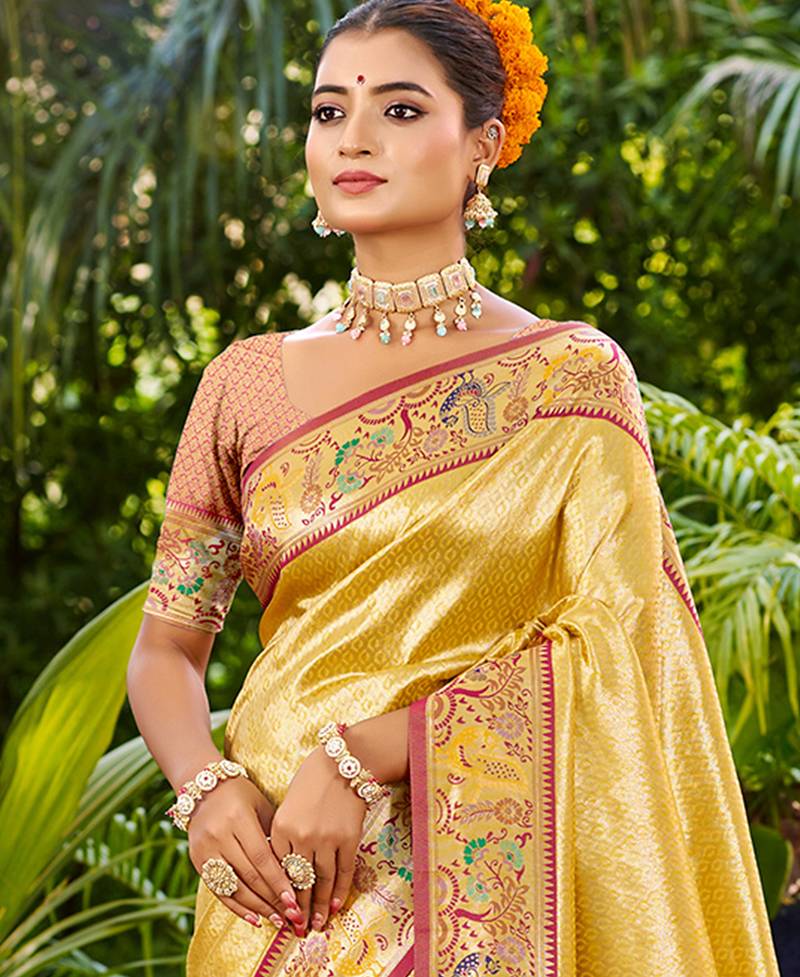 yellow silk blend woven work traditional saree