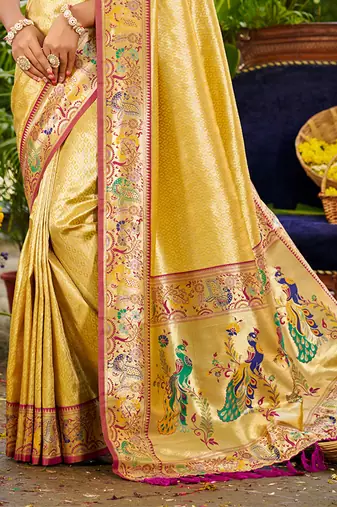 yellow silk blend woven work traditional saree
