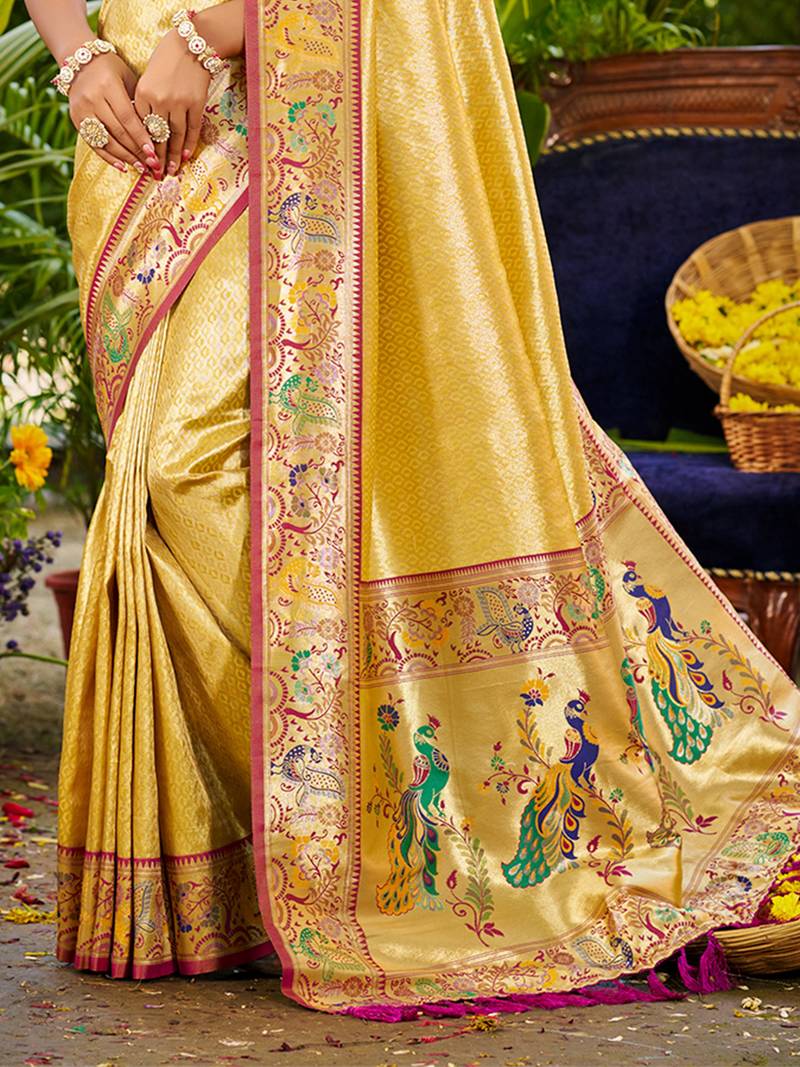 yellow silk blend woven work traditional saree