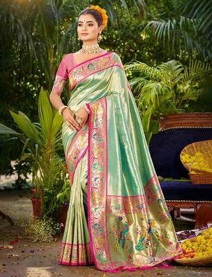 aqua_blue silk blend woven work traditional saree 1