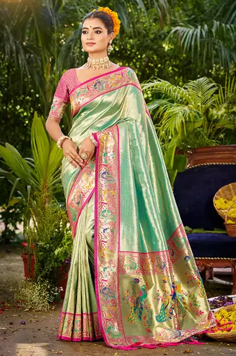 aqua_blue silk blend woven work traditional saree