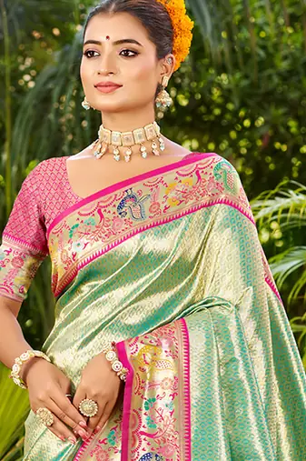 aqua_blue silk blend woven work traditional saree