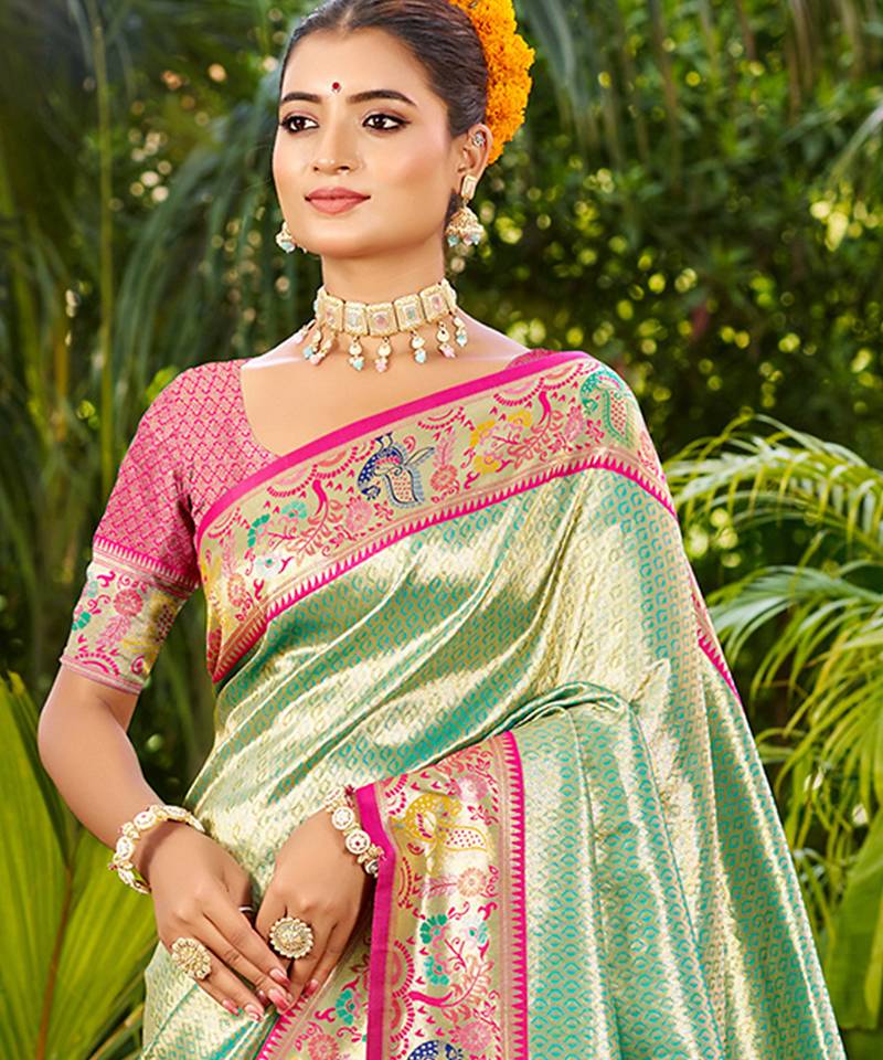 aqua_blue silk blend woven work traditional saree