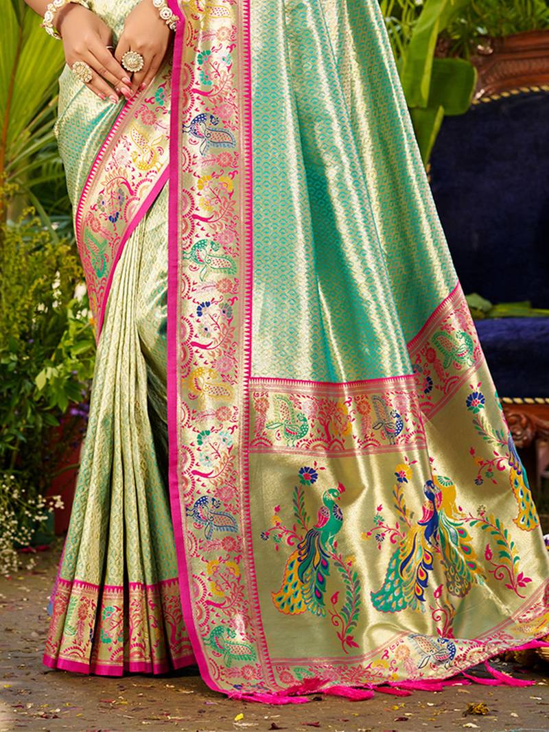 aqua_blue silk blend woven work traditional saree