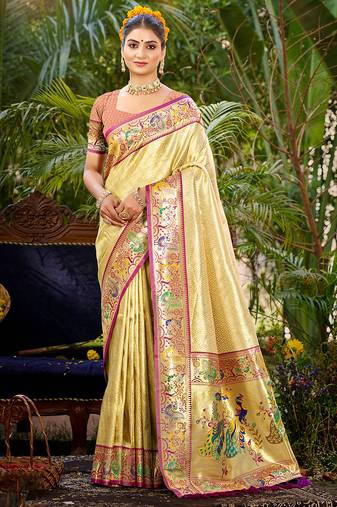 beige silk blend woven work traditional saree