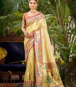 beige silk blend woven work traditional saree