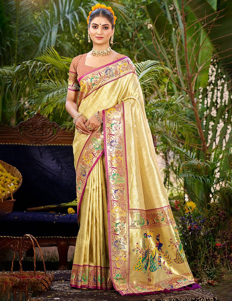 beige silk blend woven work traditional saree