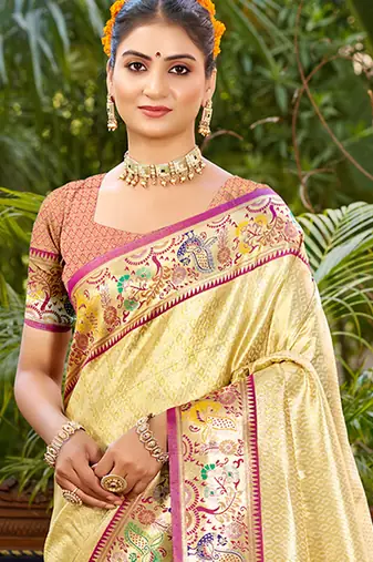 beige silk blend woven work traditional saree