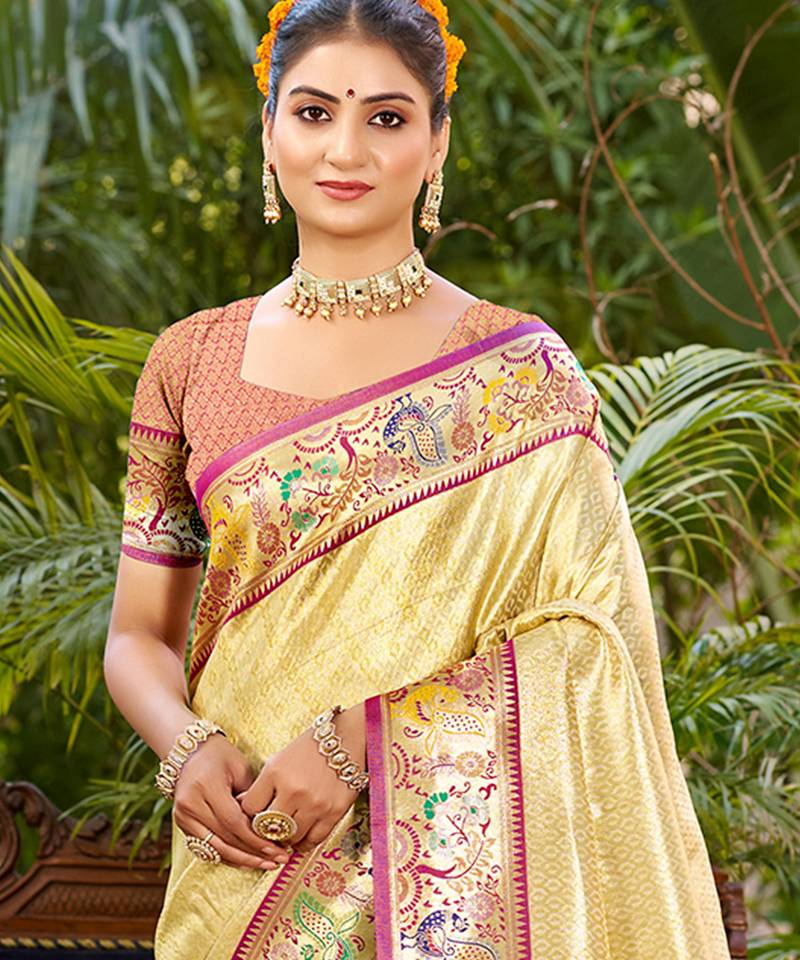 beige silk blend woven work traditional saree