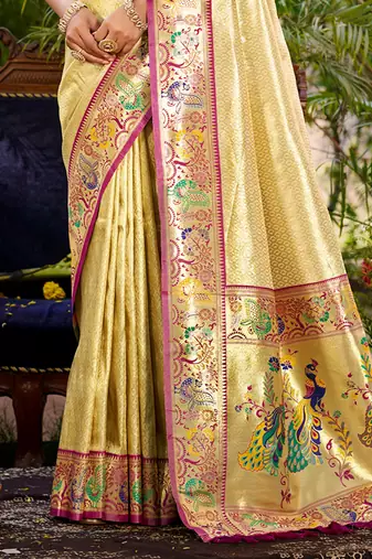 beige silk blend woven work traditional saree