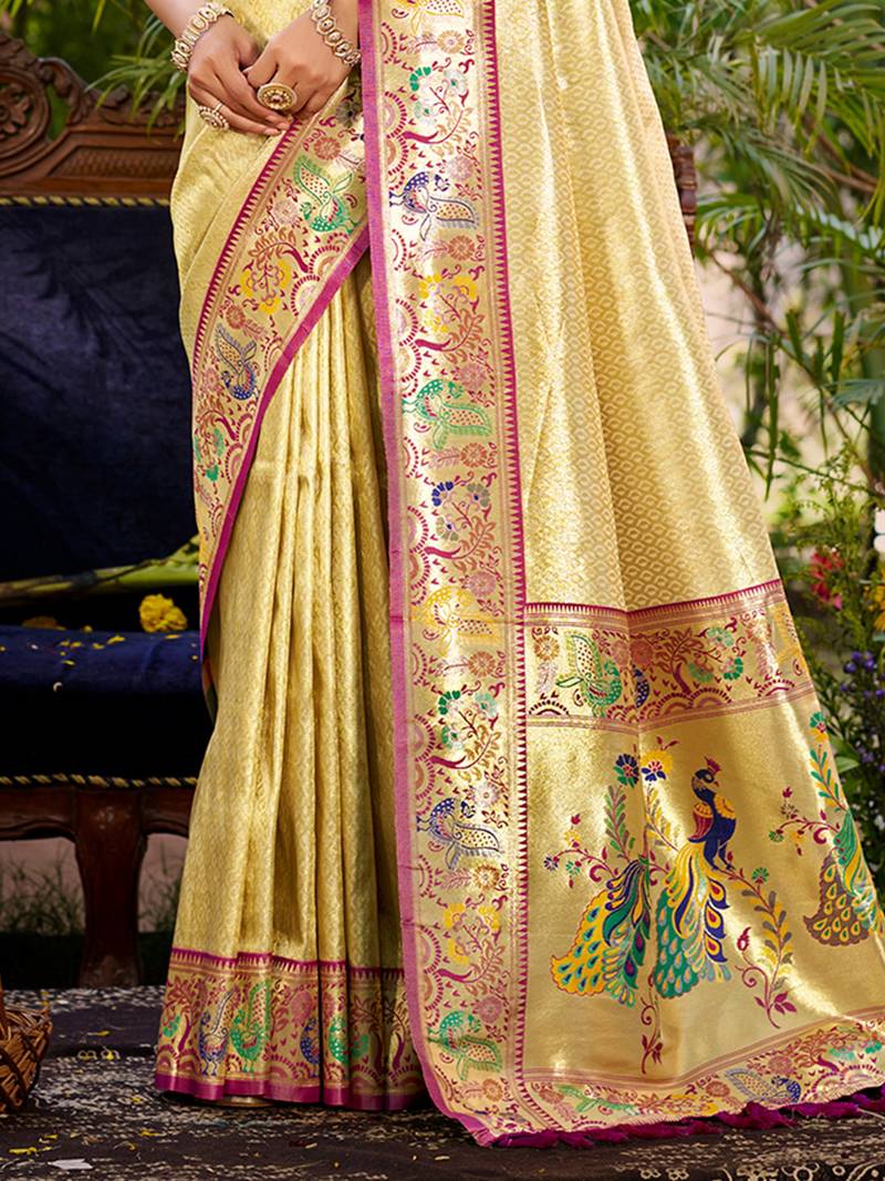 beige silk blend woven work traditional saree