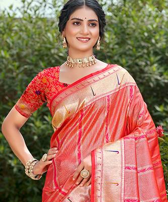 coral pink silk blend woven work traditional saree 2
