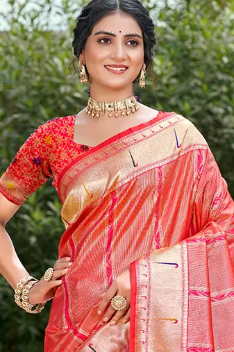 coral pink silk blend woven work traditional saree