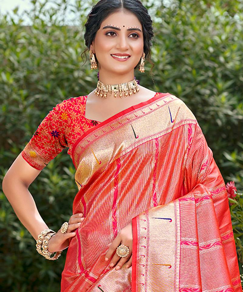 coral pink silk blend woven work traditional saree