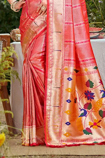 coral pink silk blend woven work traditional saree