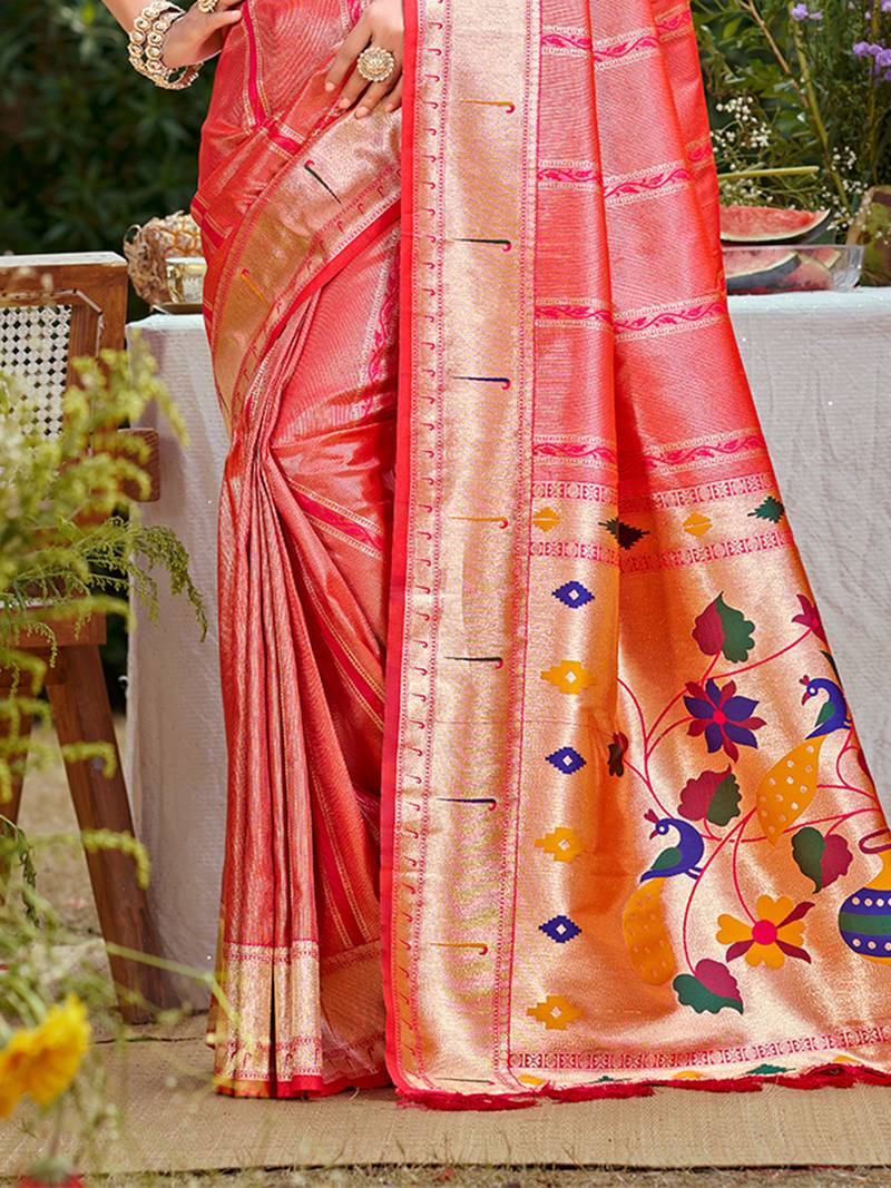 coral pink silk blend woven work traditional saree