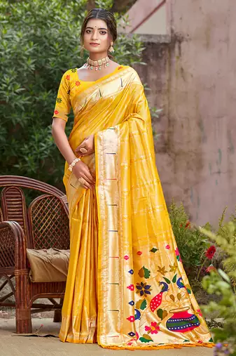 yellow silk blend woven work traditional saree