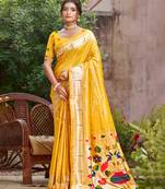 yellow silk blend woven work traditional saree