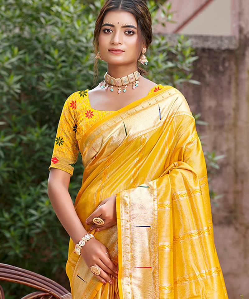 yellow silk blend woven work traditional saree