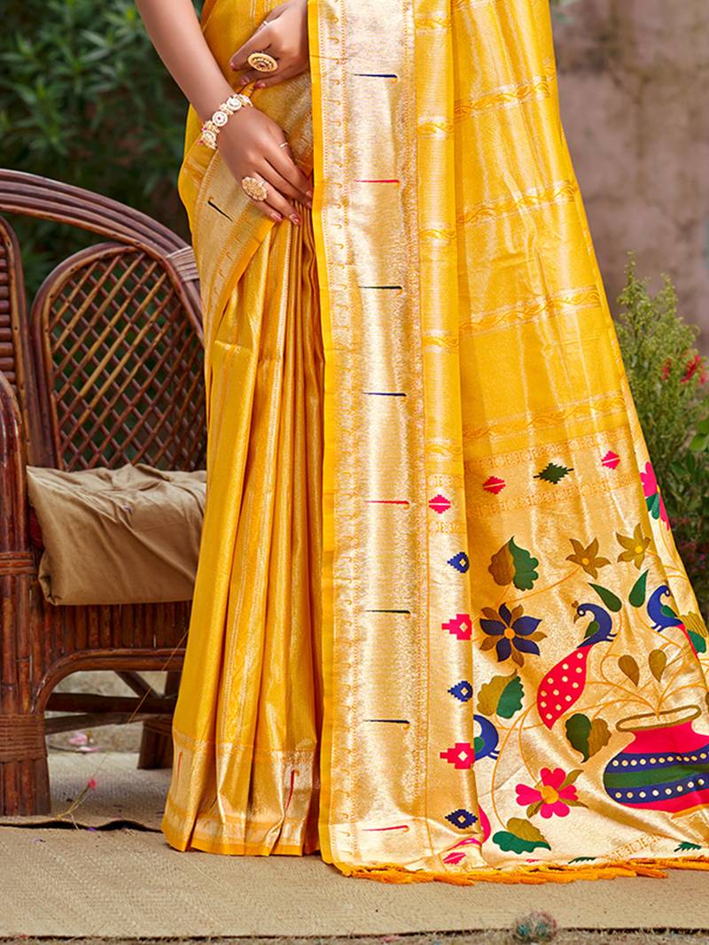 yellow silk blend woven work traditional saree