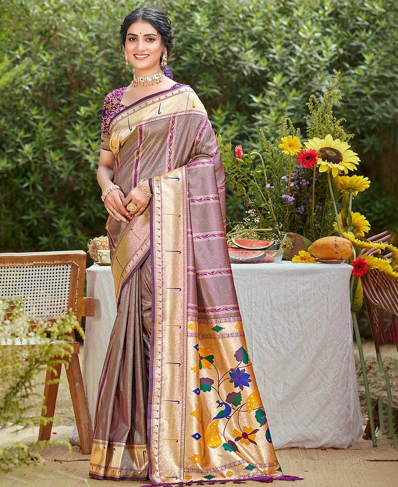 mauve   silk blend woven work traditional saree