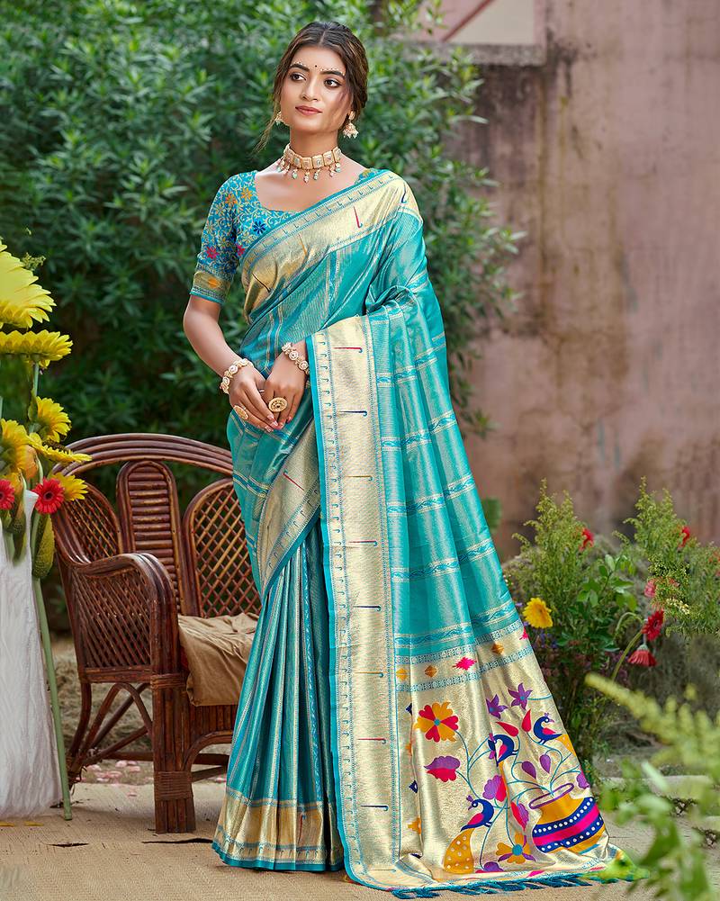 teal green   silk blend woven work traditional saree