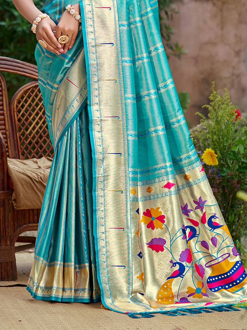 teal green   silk blend woven work traditional saree