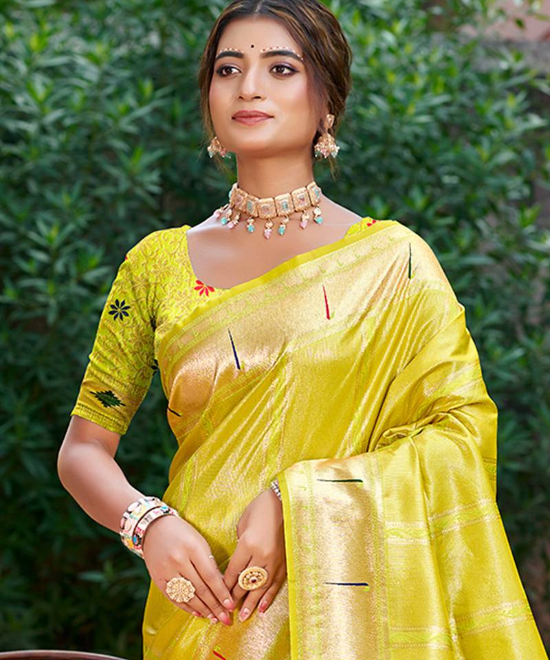 lemon yellow silk blend woven work traditional saree