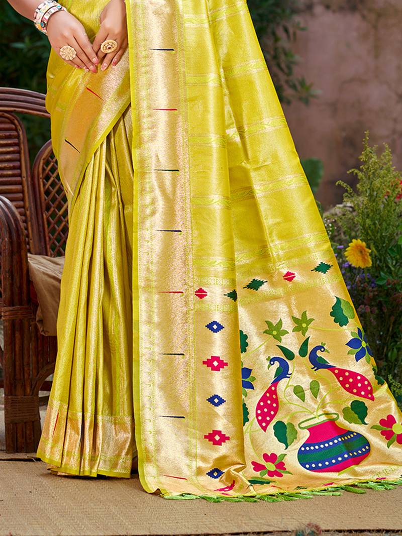 lemon yellow silk blend woven work traditional saree