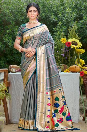 cobalt_blue silk blend woven work traditional saree
