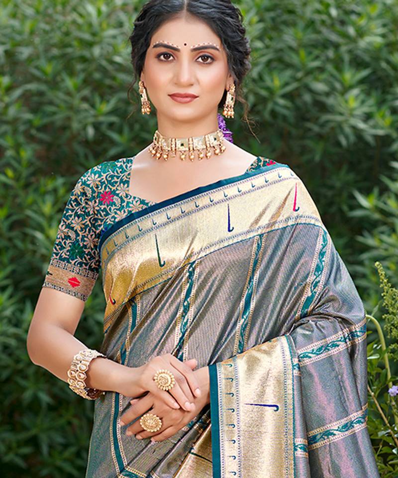 cobalt_blue silk blend woven work traditional saree