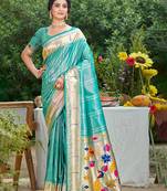 turquoise silk blend woven work traditional saree