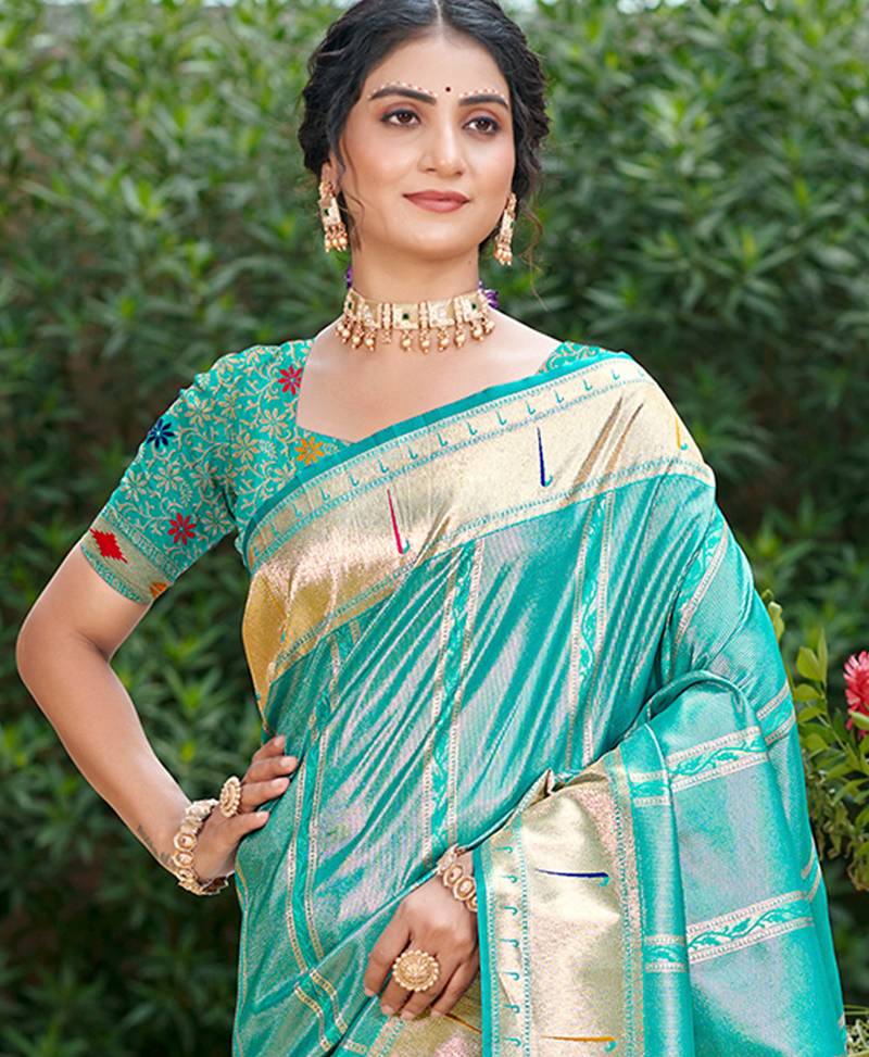 turquoise silk blend woven work traditional saree
