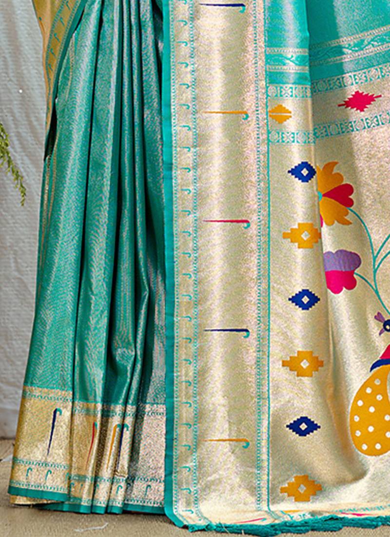 turquoise silk blend woven work traditional saree