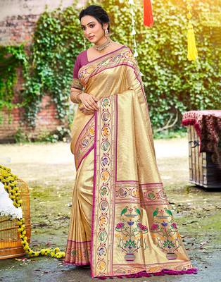beige silk blend woven work traditional saree 1