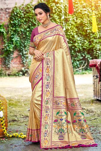beige silk blend woven work traditional saree