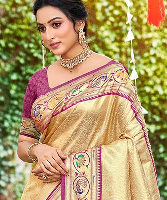 beige silk blend woven work traditional saree 2