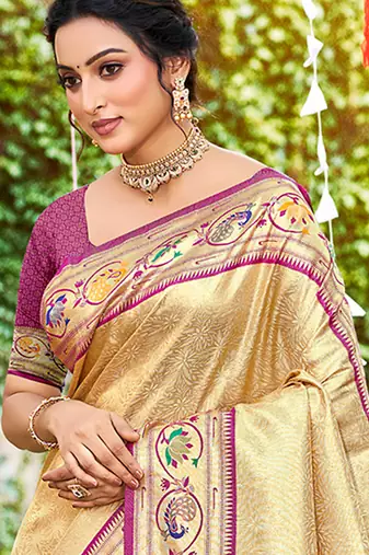 beige silk blend woven work traditional saree