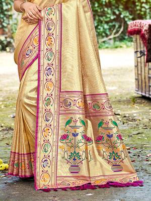 beige silk blend woven work traditional saree 3