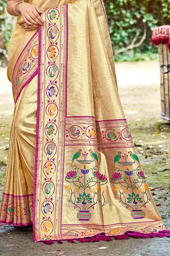 beige silk blend woven work traditional saree