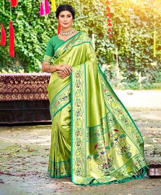 green silk blend woven work traditional saree 1