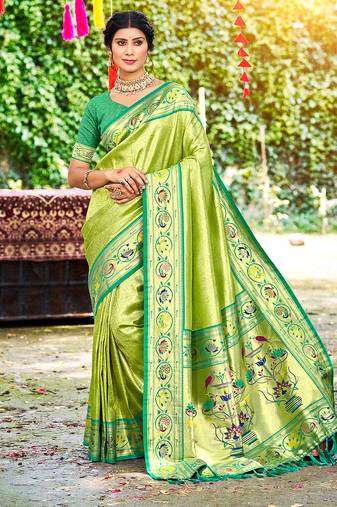 green silk blend woven work traditional saree