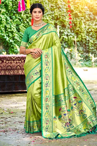 green silk blend woven work traditional saree