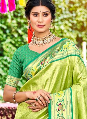green silk blend woven work traditional saree 2